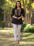 Juniper Women's Black Cotton Solid With Embroidered Straight Tunic