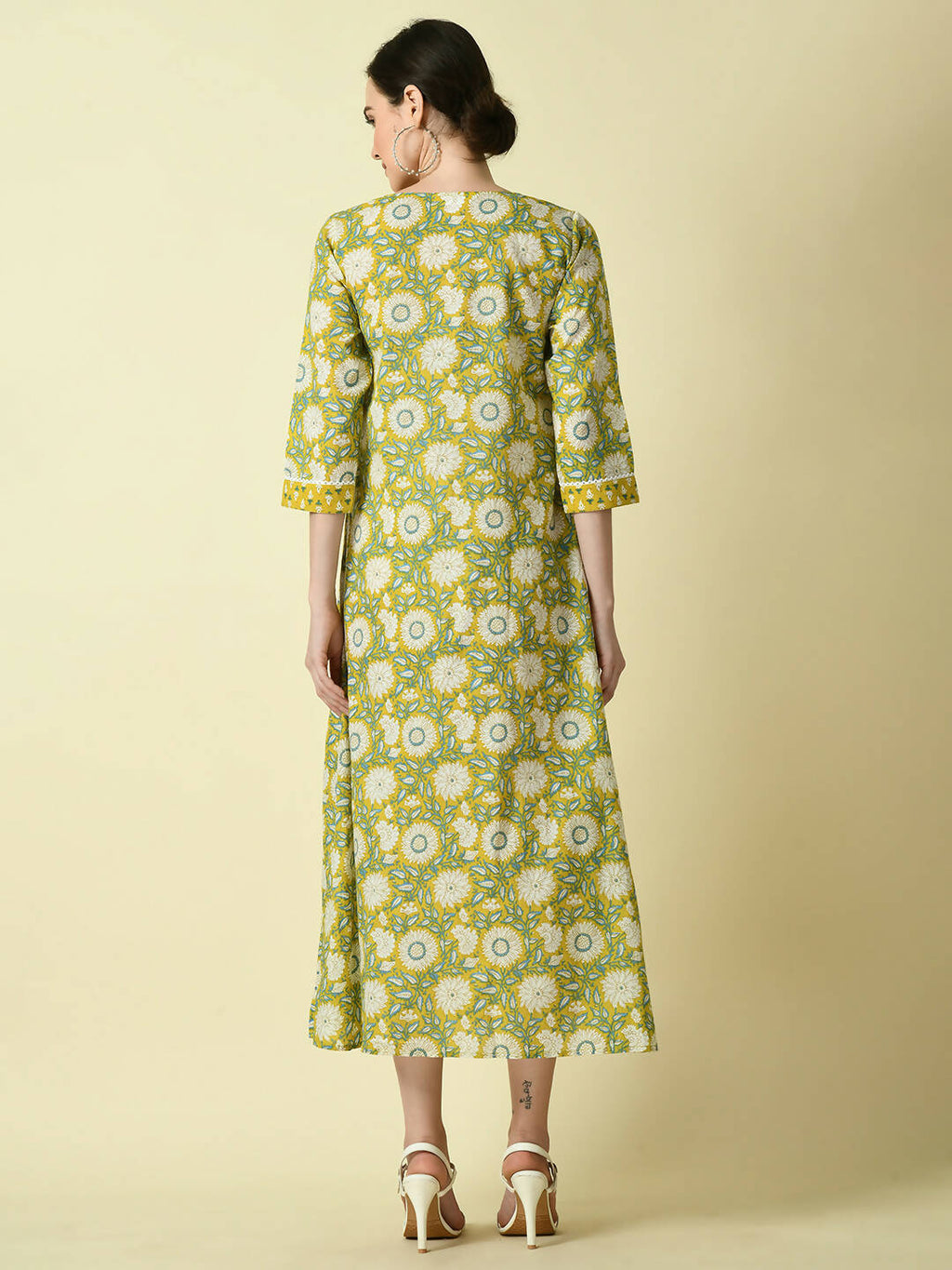 Myshka Women's Yellow Floral Printed Gown Dress