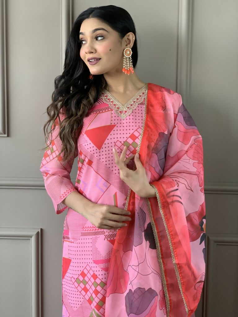 Multi Pink Viscose Chanderi Stitched Suit With Dupatta - Tanisha