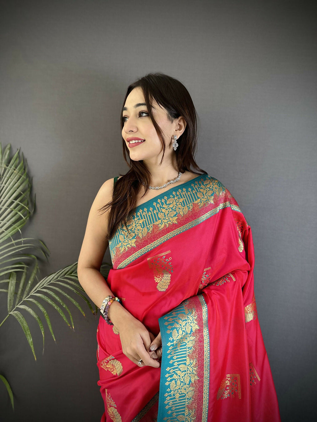 Joban Fashion Hot Pink Banarasi Soft Silk Peacock Butta Work Saree