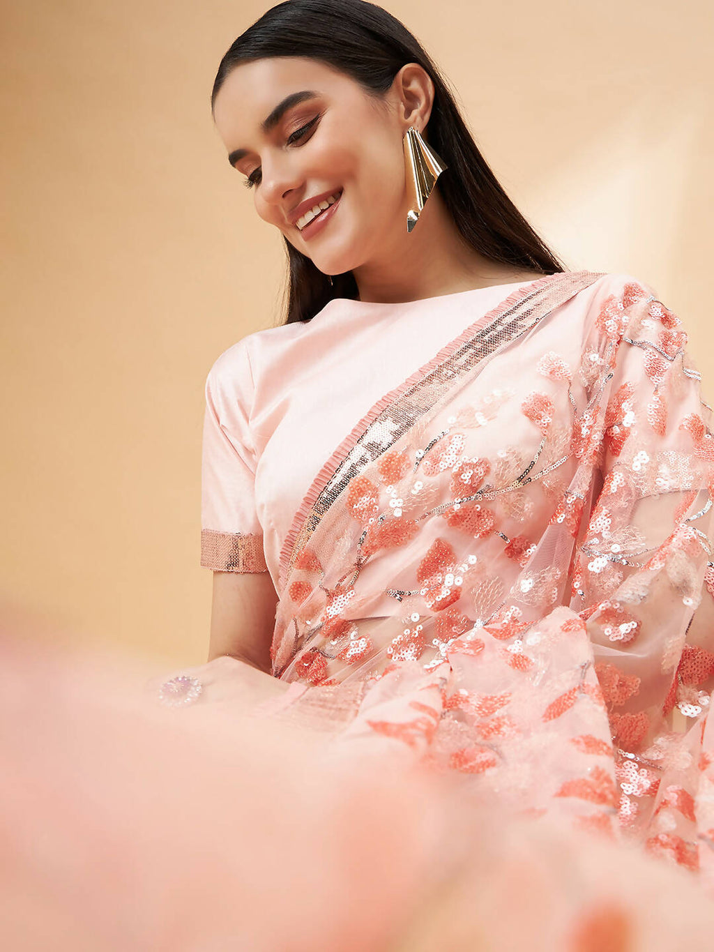 Peach Lycra Sequin Embroidery And Frills Saree - Norita Hit Design