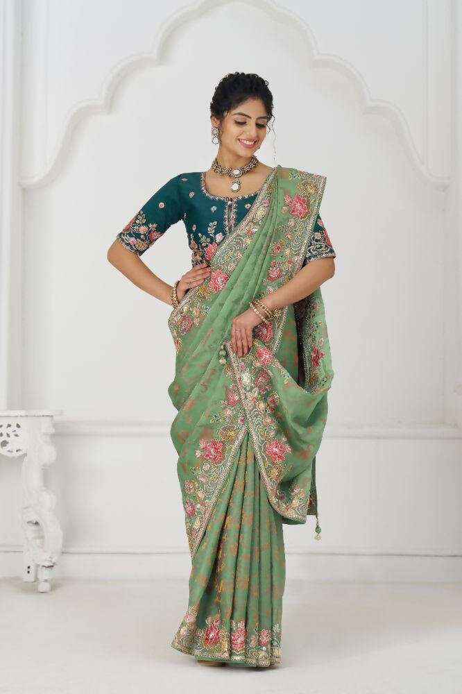 Kesar Fab Green Net Embroidered Lehenga