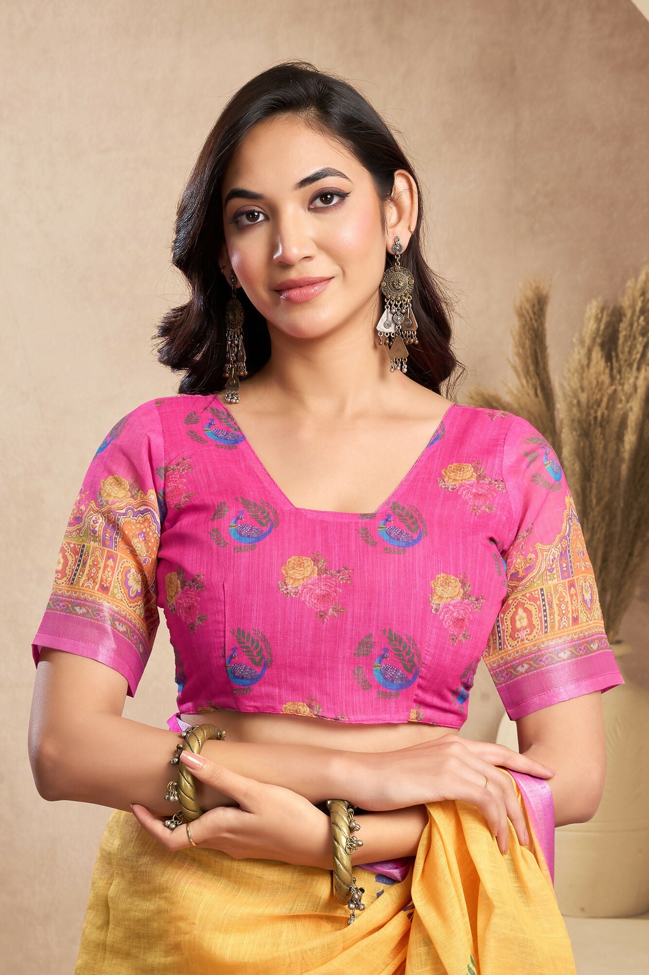 Vastranavya Mustard Digital Printed Linen Ready To Wear Designer Saree with Unstitched Blouse