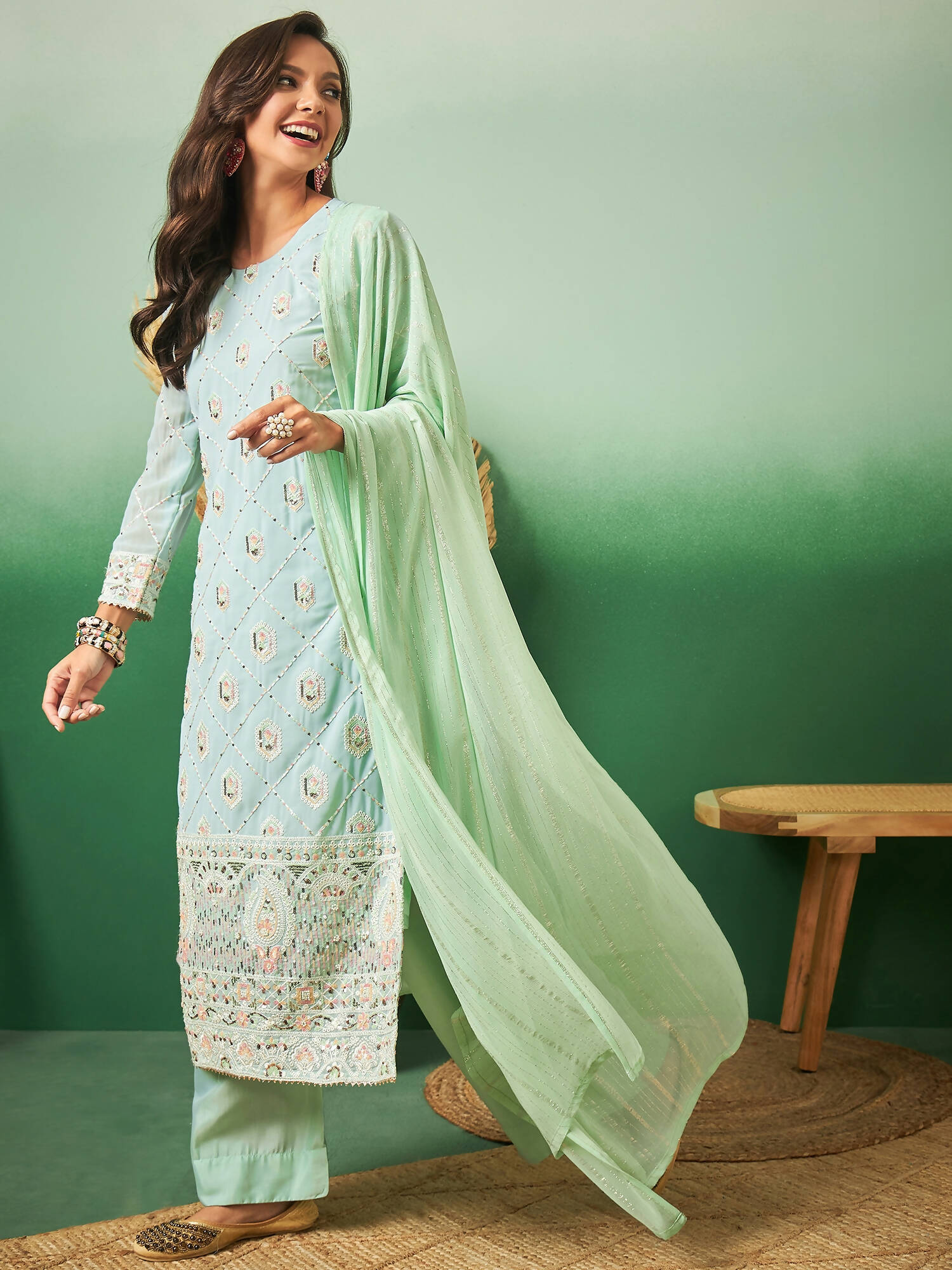 Sea Green Georgette Handwork Unstitched Dress Material - Hanika