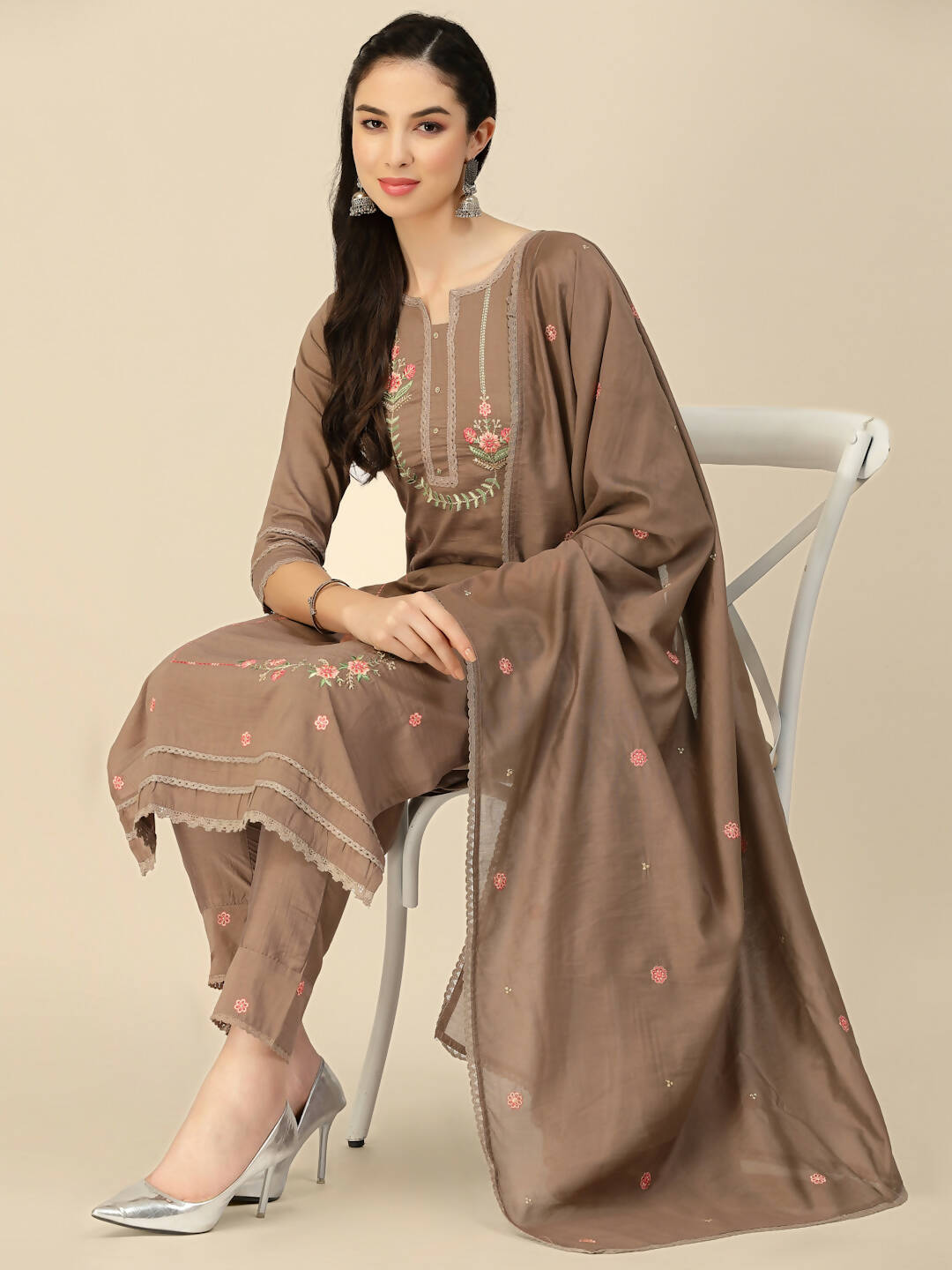 Brown Embroidered Chinon Straight Kurta With Trouser & Dupatta - Salimar