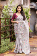 Grey Pure Linen Ethnic Motifs Saree with Unstitched Blouse - A2M
