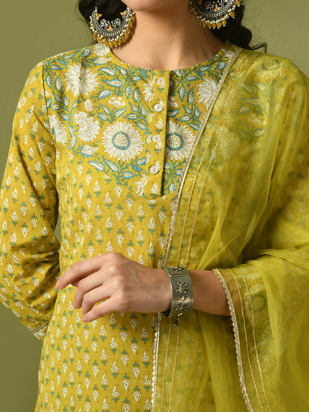 Myshka Women's Yellow Printed Cotton Straight Party Kurta Set With Dupatta