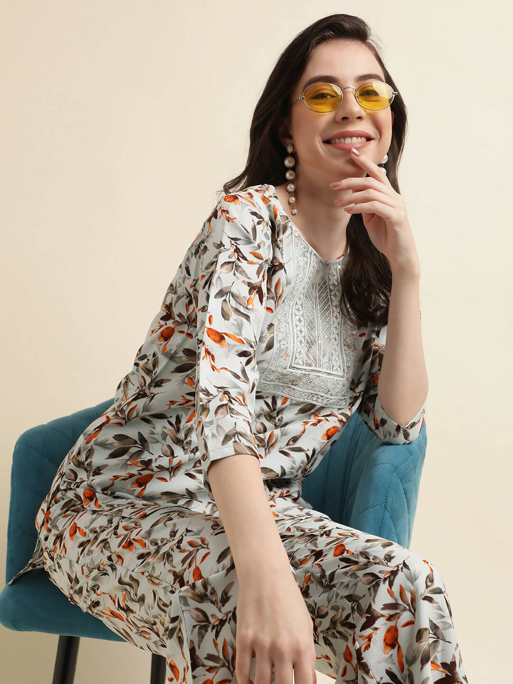 Grey Poly Crepe Digital Printed Top with Matching Bottom - Preeti