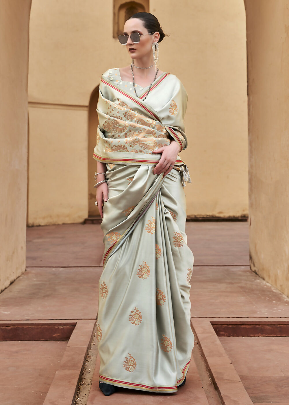 Dusty Grey Pure Satin Zari Weaving Wedding Festive Saree - Emponline
