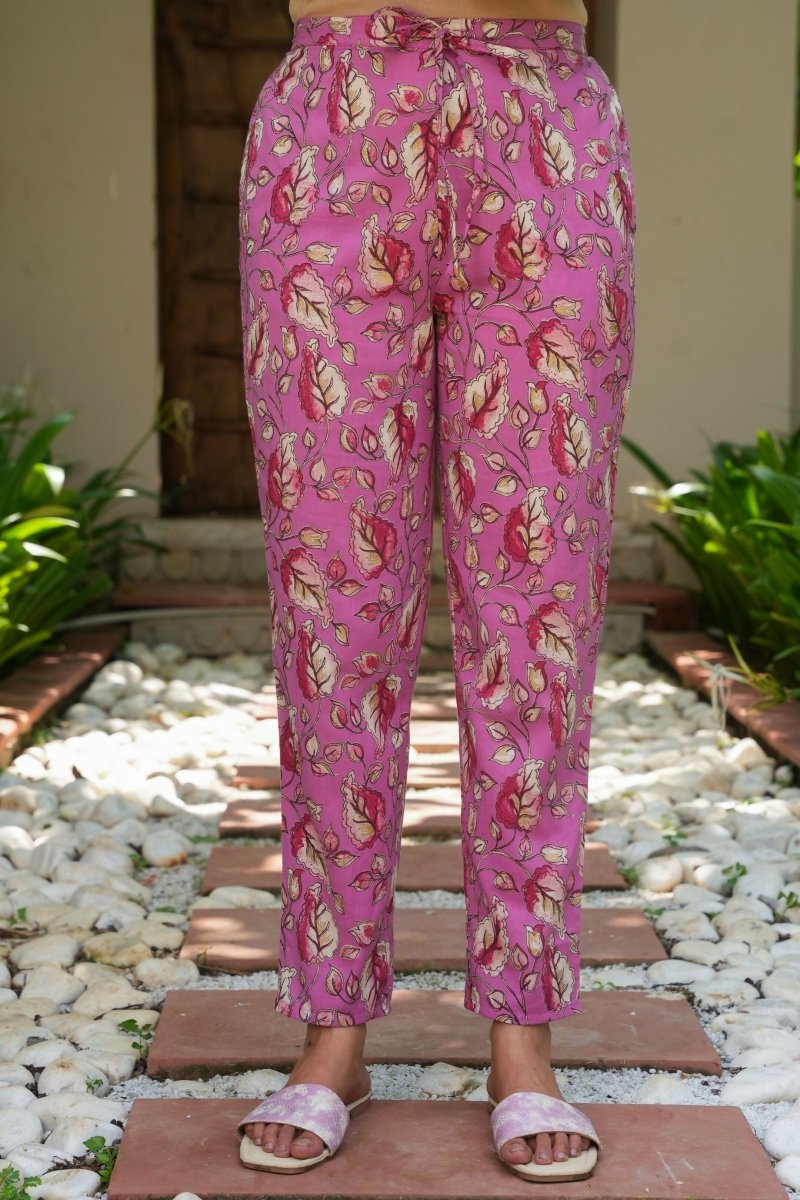 Aramya Pink Soft Cotton Foliage Print High Low Kurta Set for Women