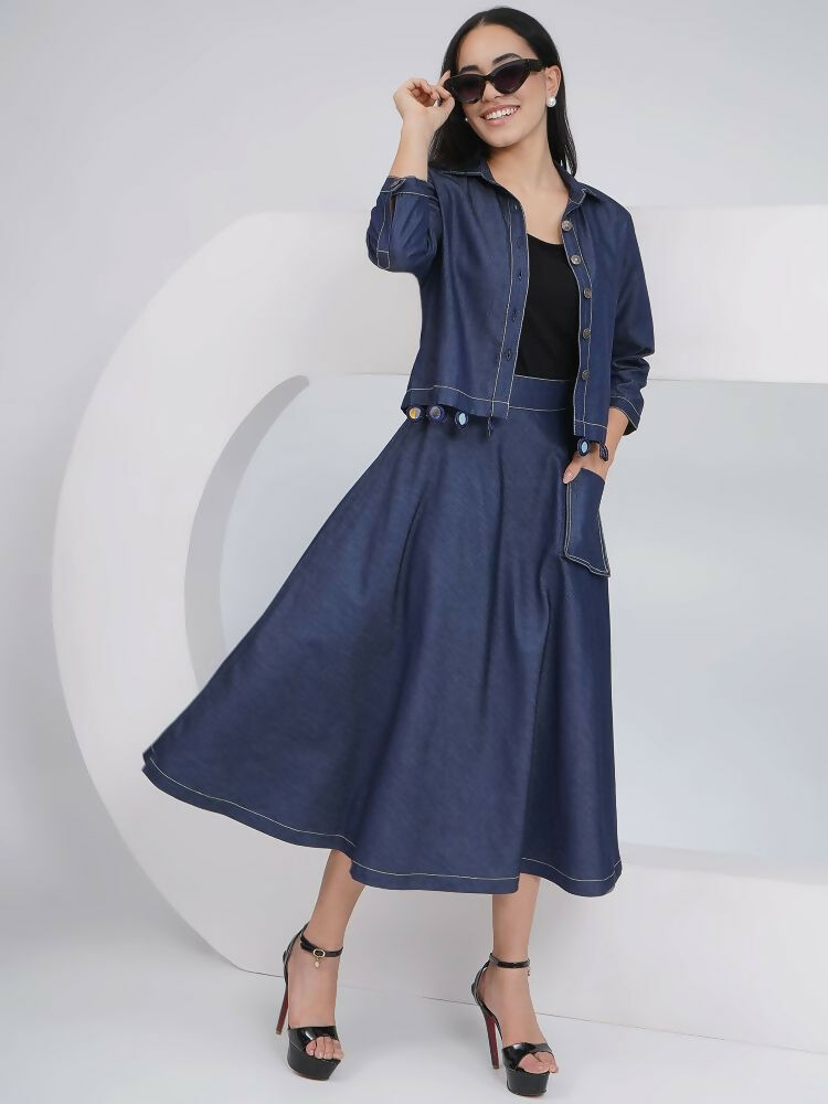 Joban Fashion Black Cotton Denim A Line Skirt With Inner And Jacket