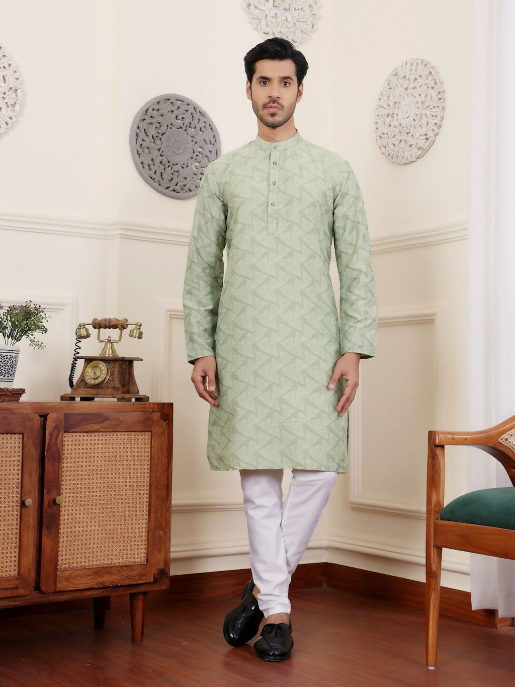 Green Viscose Woven Jacquard Work Men's Rajwadi Kurta Set - Mahotsav