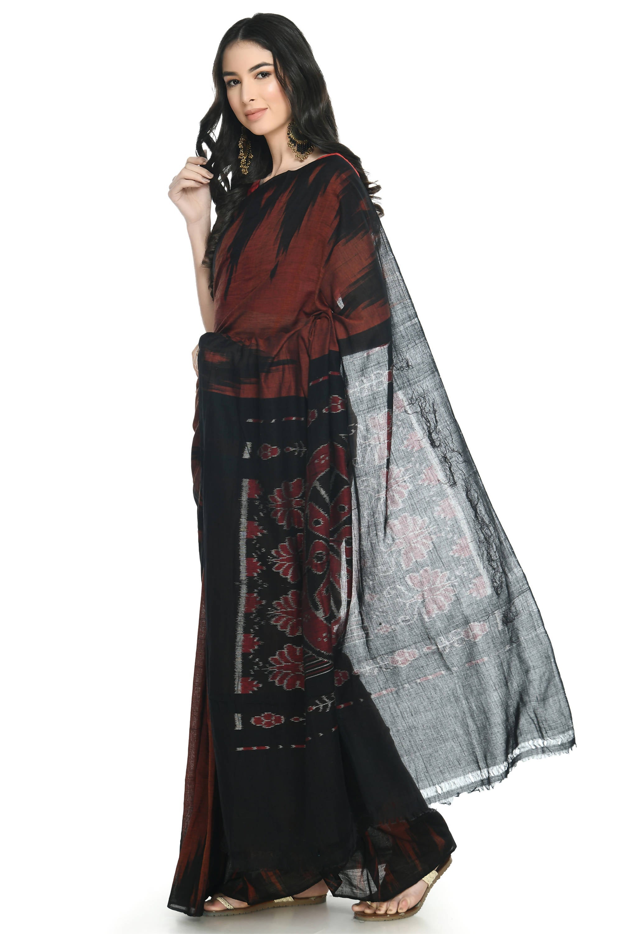 Vamika Sambalpuri Ikat Cotton Kargil Brown & Black Saree