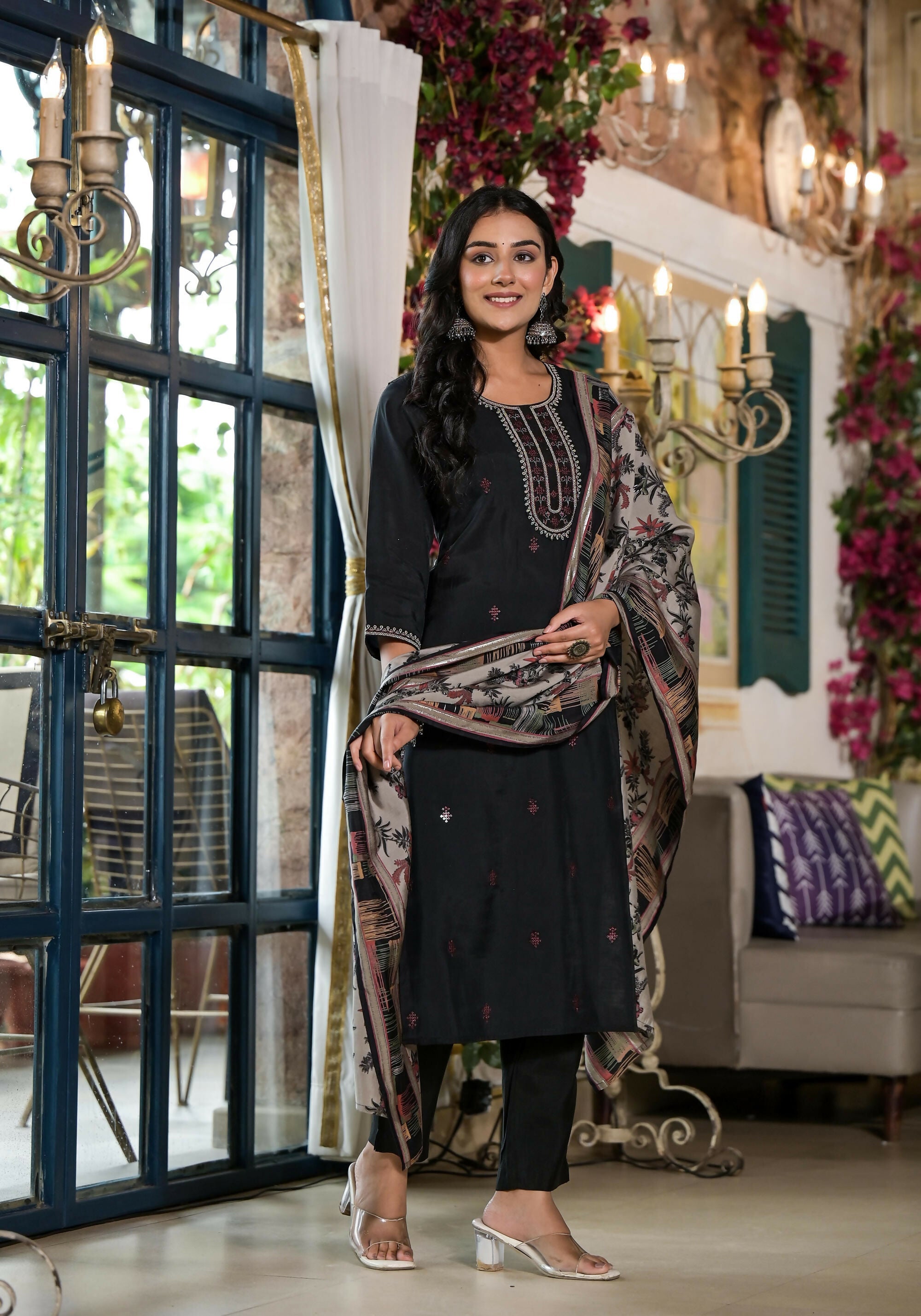 Juniper Women's Black Solid Viscose Kurta Pant And Dupatta Set With Zari & Thread Work