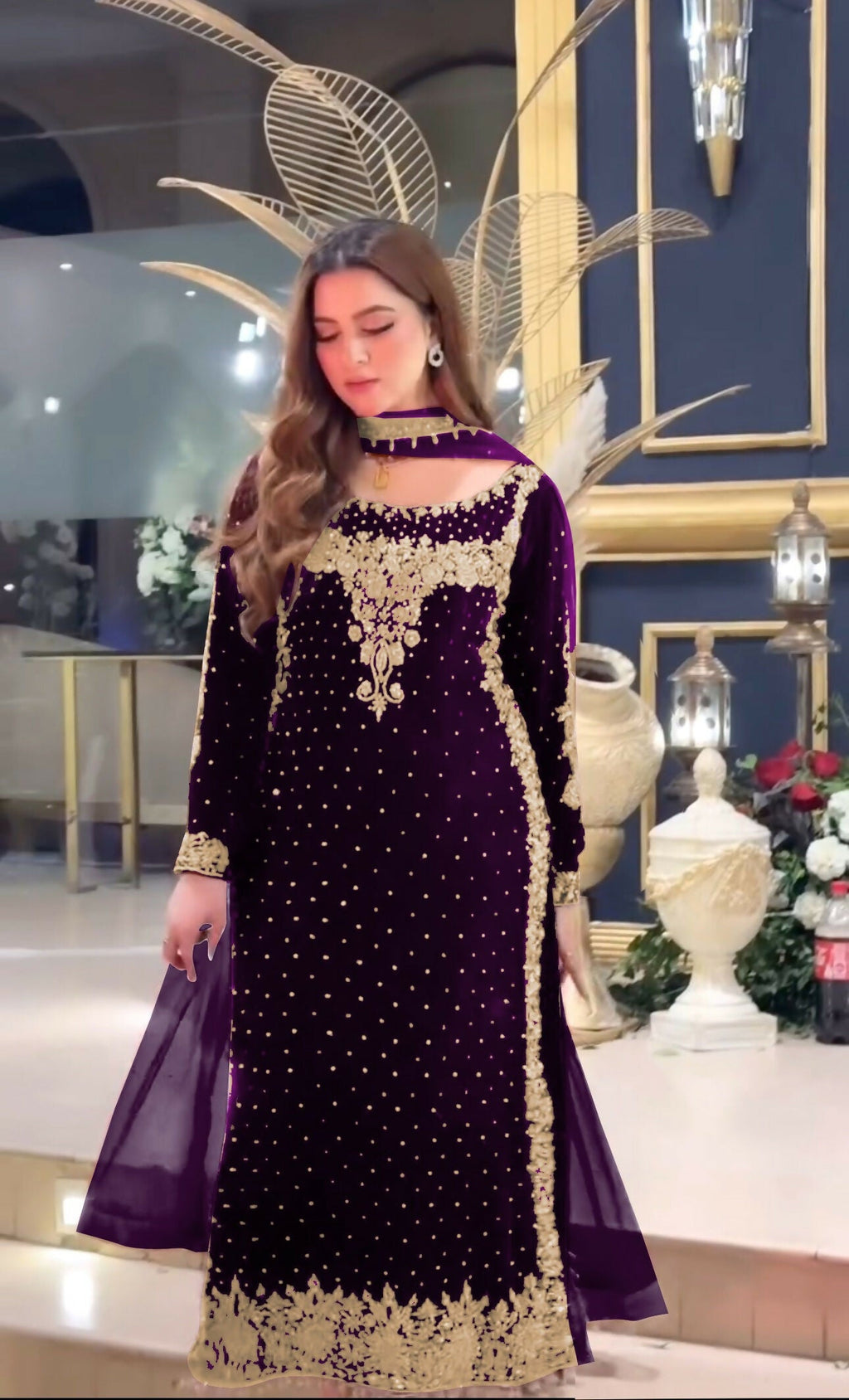 Joban Fashion Purple Velvet Sequence Embroidery Work Kurta Set