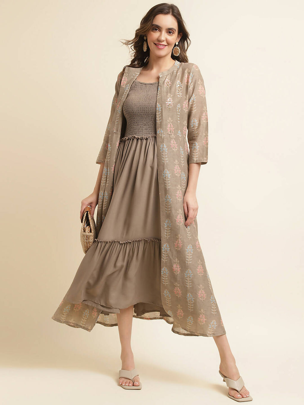Brown Cotton Solid Flared Dress with Printed Shrug - Yukti