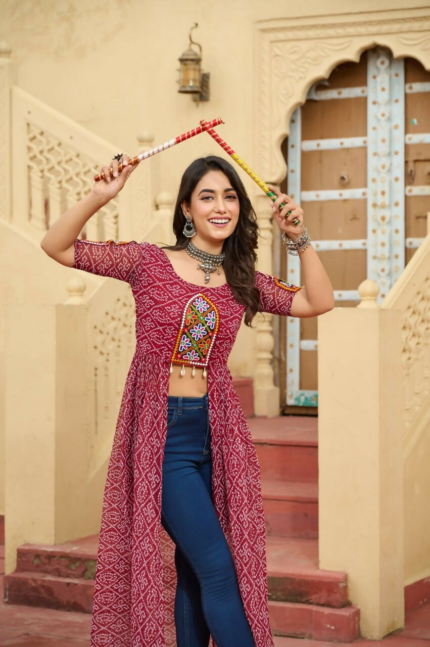 Vastranavya Maroon Navratri Special Kutchi Patch Work with Bandhani Printed Faux Georgette Kurti