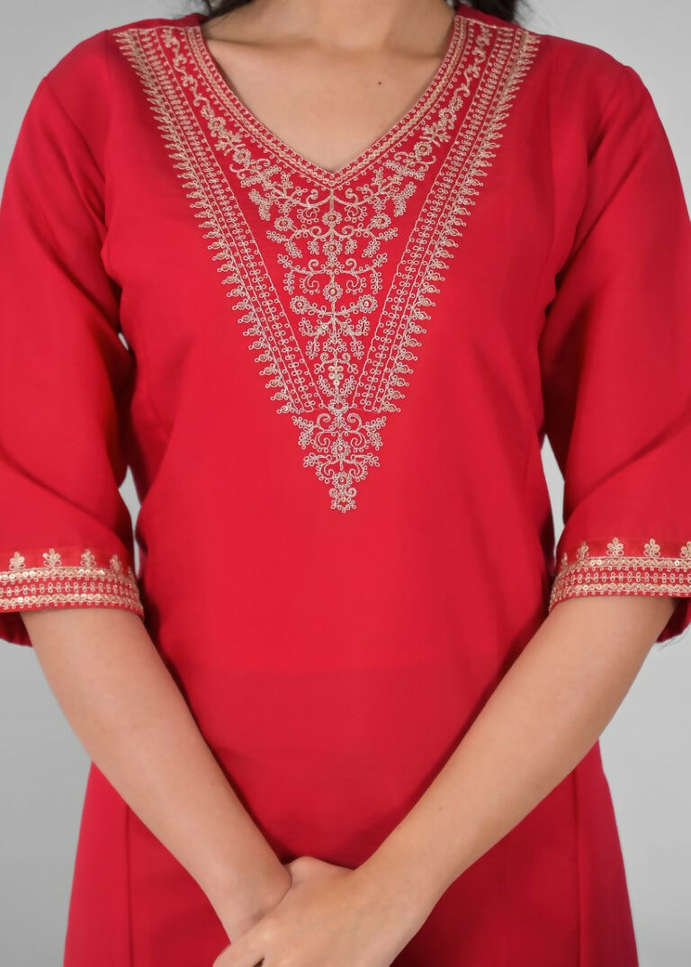 Ethnic Festive Wear Chanderi Viscose Red Stitched Suit With Dupatta - Tanisha