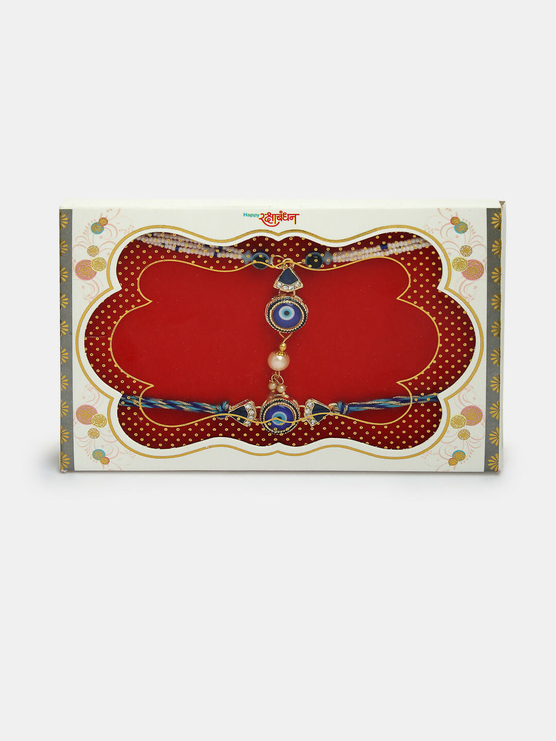 NVR Women & Men Set of 2 Blue Evil Eye Bhaiya Bhabhi Rakhi With Roli Chawal & Chocolate