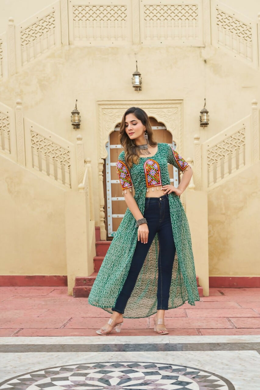 Vastranavya Green Navratri Special Kutchi Patch Work with Bandhani Printed Faux Georgette Kurti