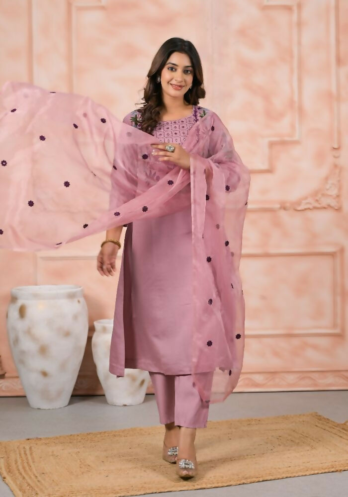 Ethnic Festive Wear Chanderi Slik Pink Stitched Suit With Dupatta - Anbazaar
