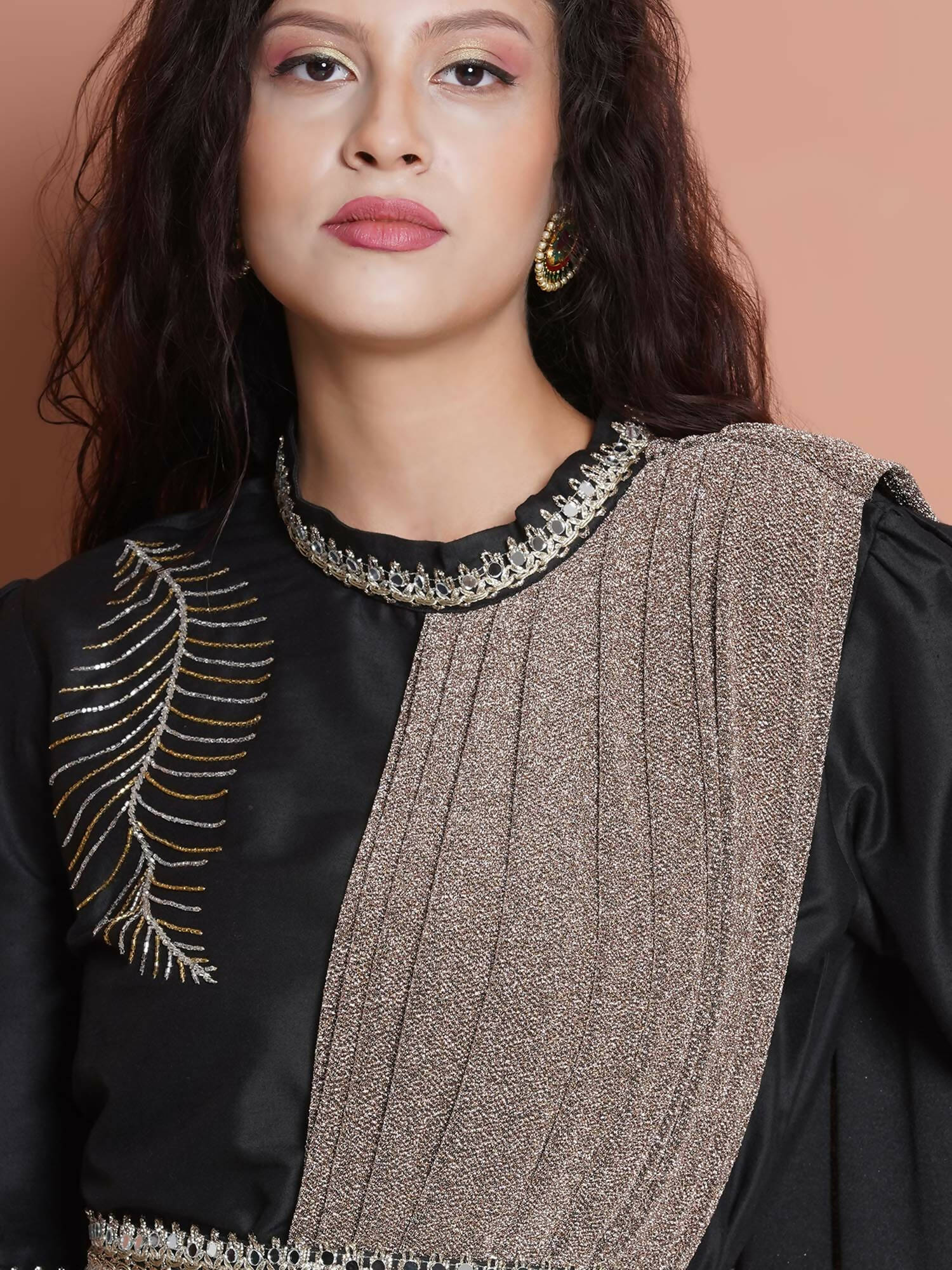 Women Republic Black Cotton Blended Set with Attached Drape