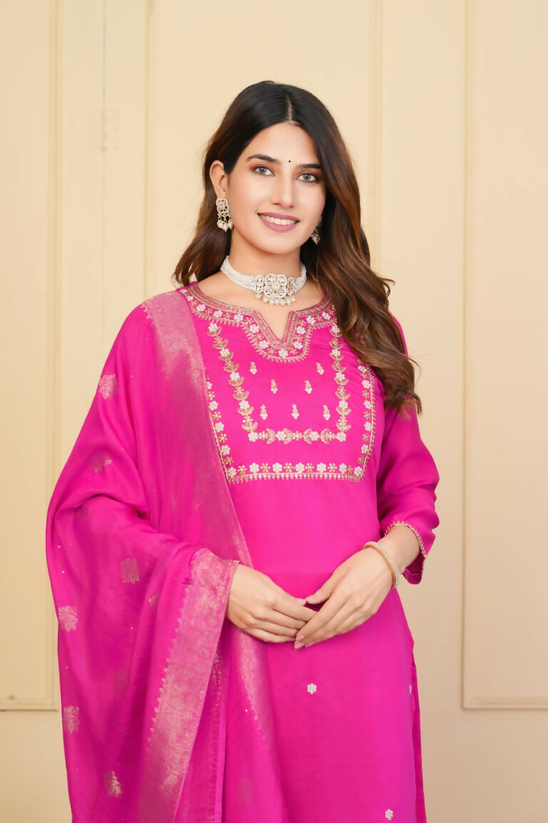 Pink Viscose Chanderi Embroidered Stitched Suit With Dupatta - Tanisha