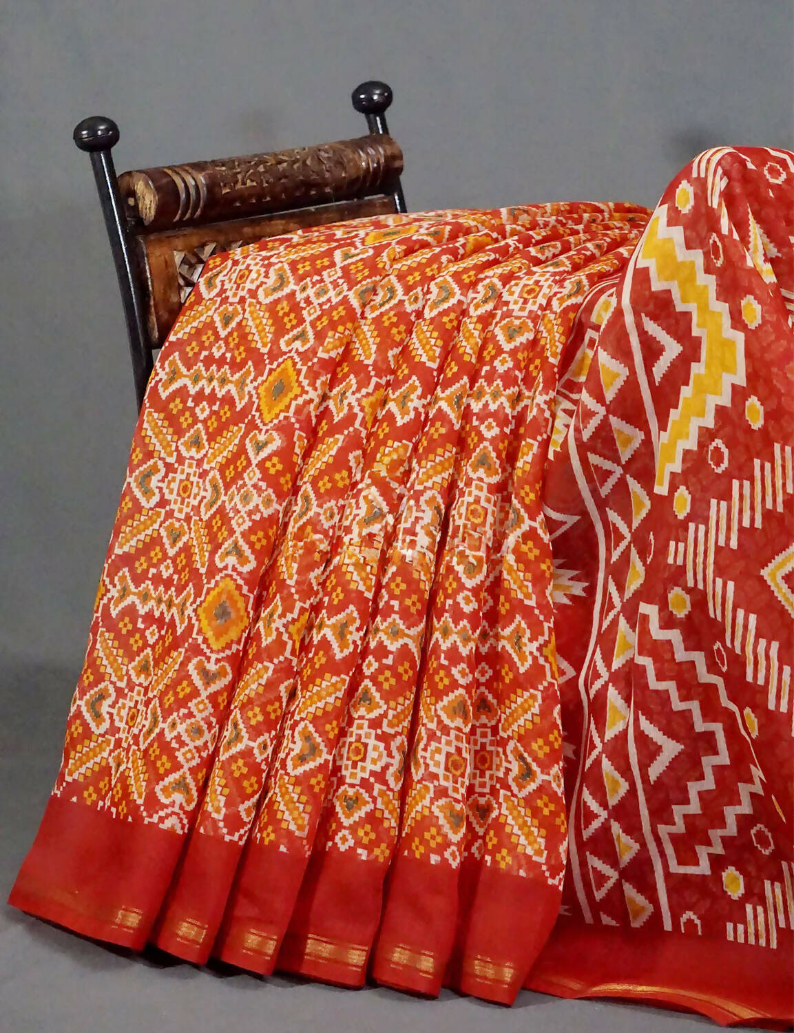 Red Colored Patola Print Semi Chanderi Saree By Gayathri Reddy Designer Studio
