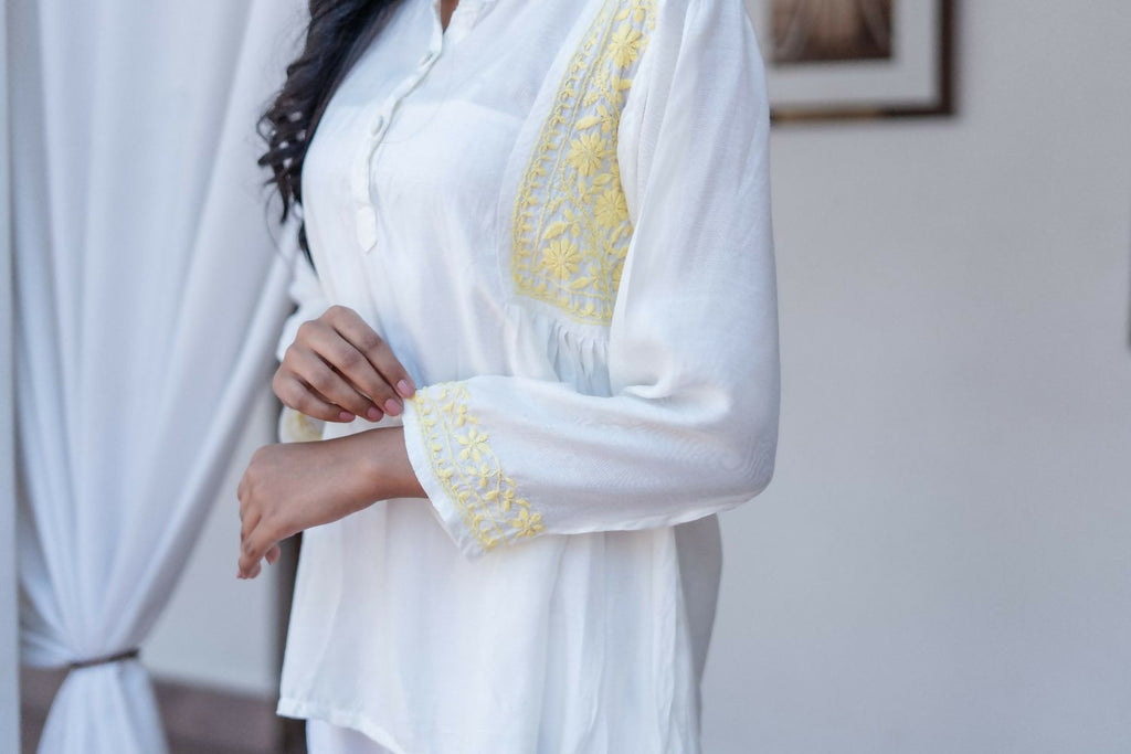 Zibaa Ivory & Yellow Muslin Short Chikankari Kurti