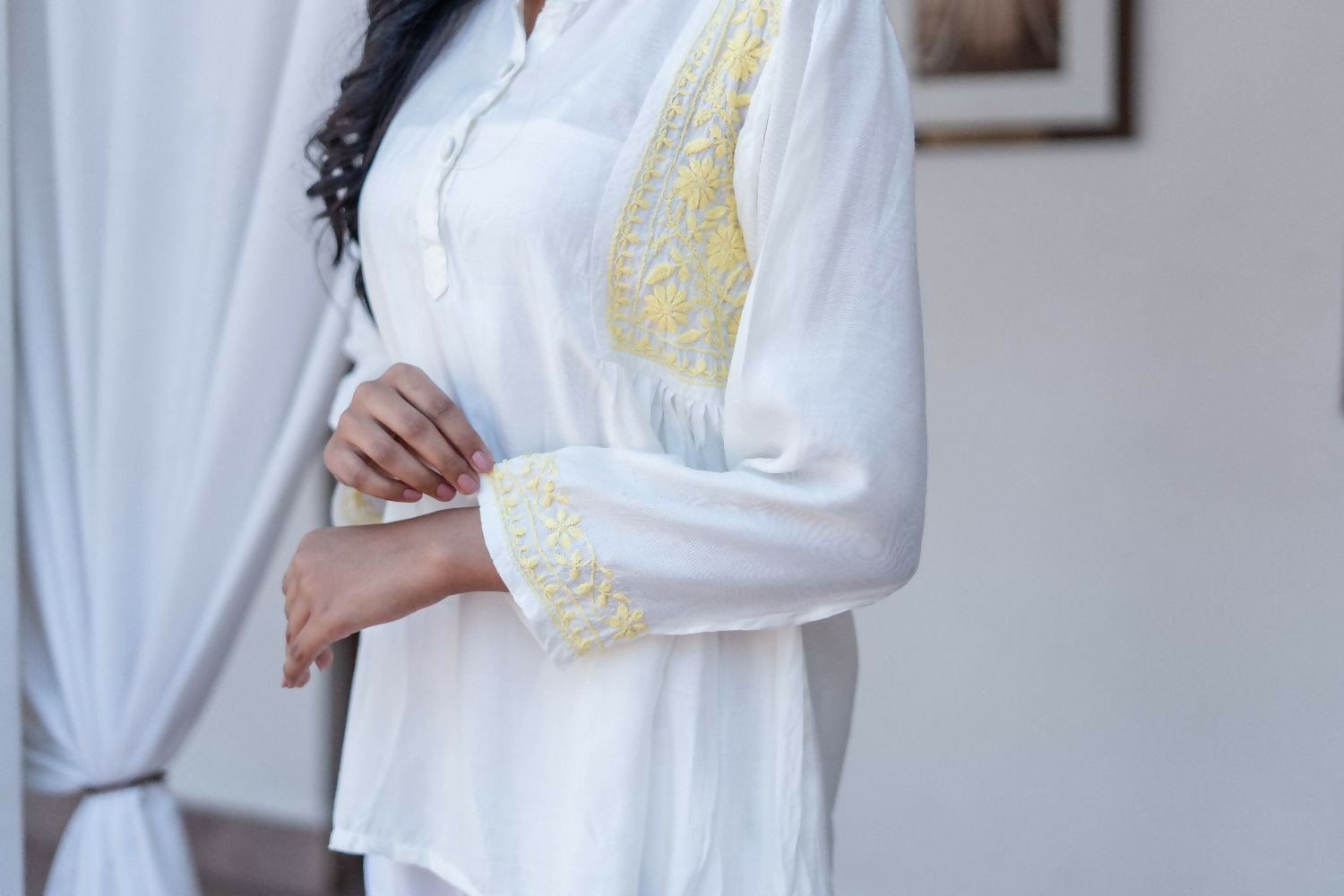 Zibaa Ivory & Yellow Muslin Short Chikankari Kurti