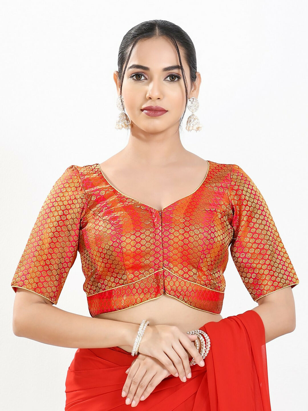 Joban Fashion Red Brocade Padded Blouse With Sweetheart Neck Elbow Sleeves