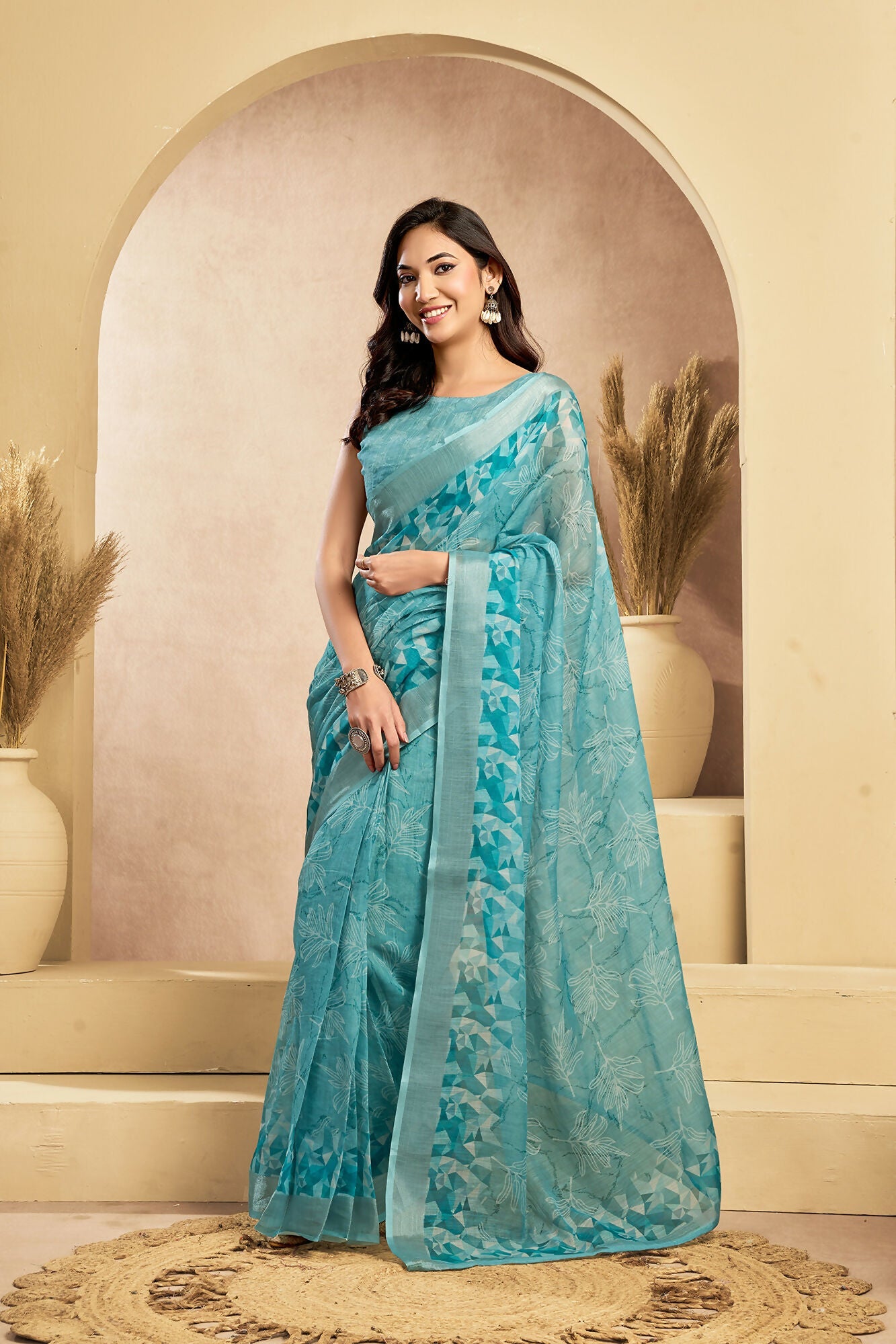 Vastranavya Sky Blue Digital Printed Linen Ready To Wear Designer Saree with Unstitched Blouse