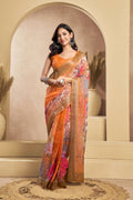 Vastranavya Orange Digital Printed Linen Ready To Wear Designer Saree with Unstitched Blouse