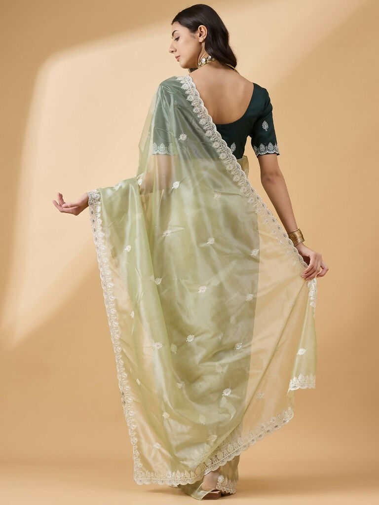 Green Organza Sequence Embroidered Saree with Unstitched Blouse - Satya
