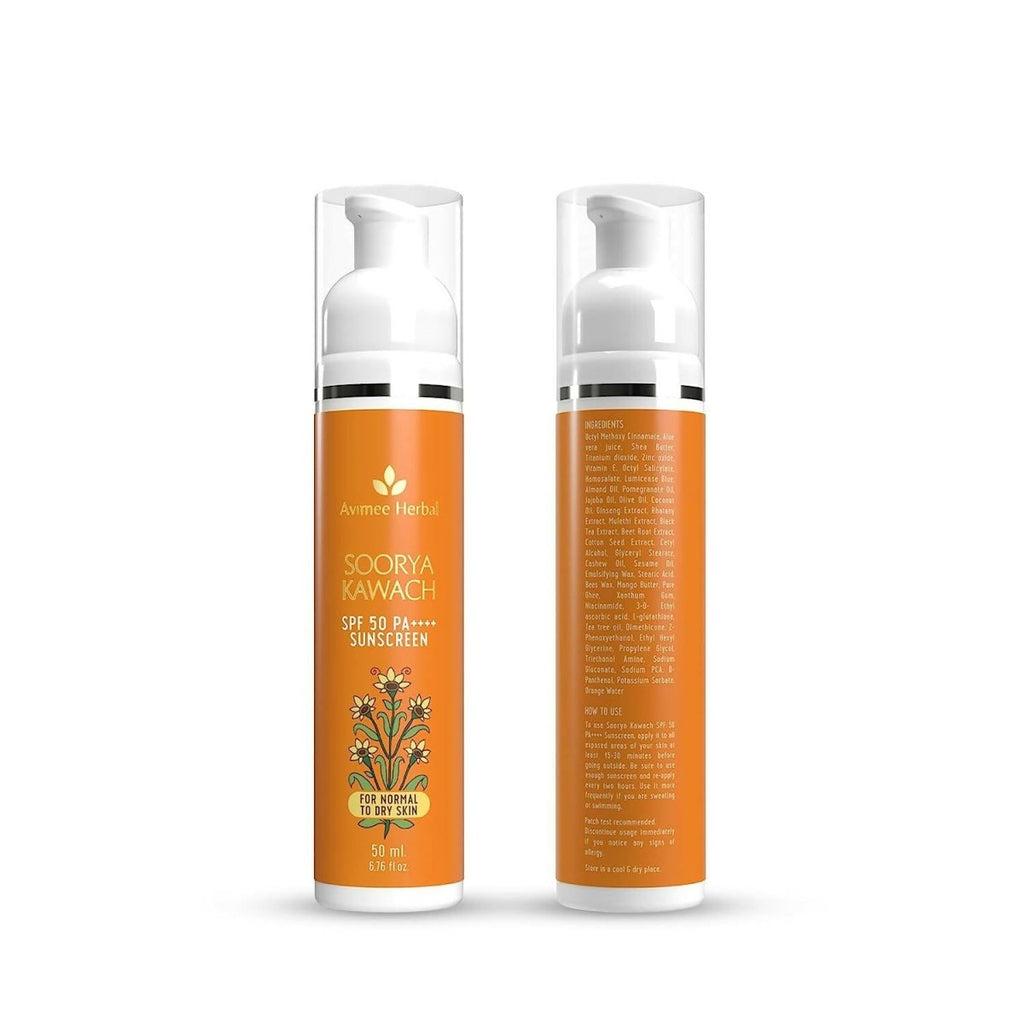 Avimee Herbal Soorya Kawach Sunscreen SPF 50 PA++++ For Normal & Dry Skin