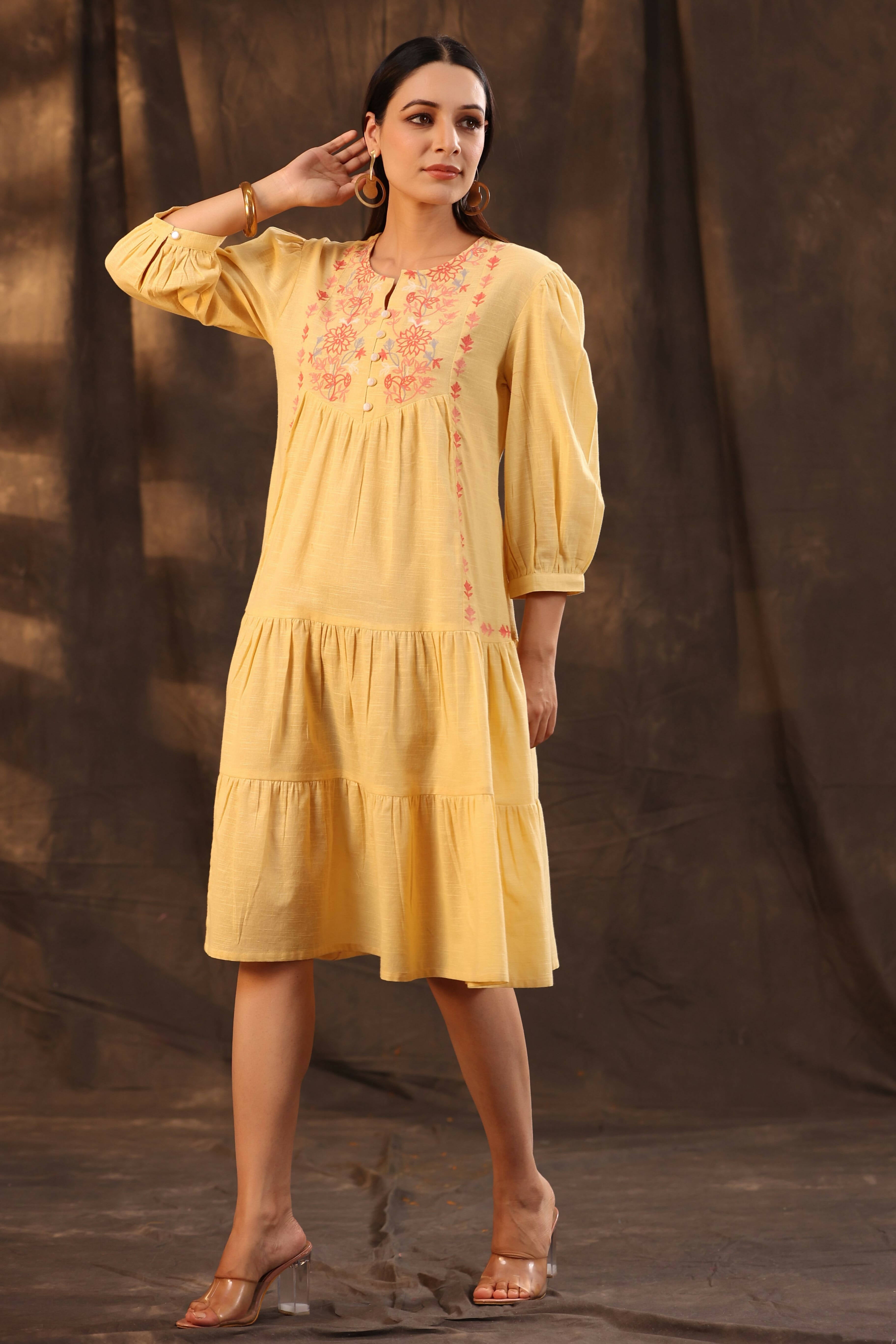 Juniper Women's Yellow Cotton Slub Solid Embroidered Tiered Dress