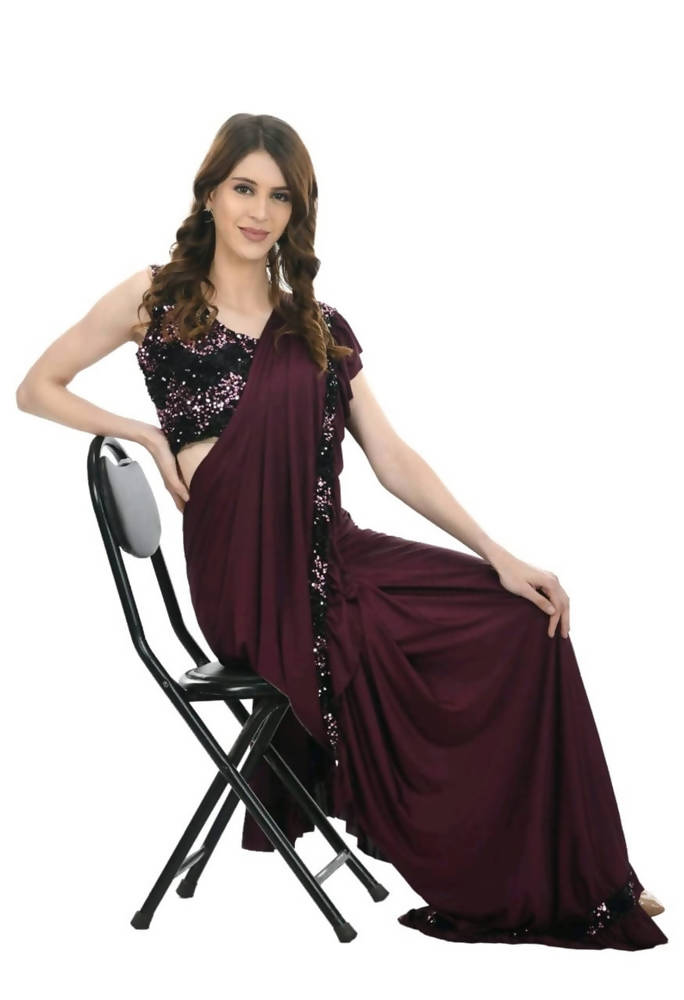 Mominos Fashion All Season Wear Wine And Black Colour Ruffled Ready To Wear Saree