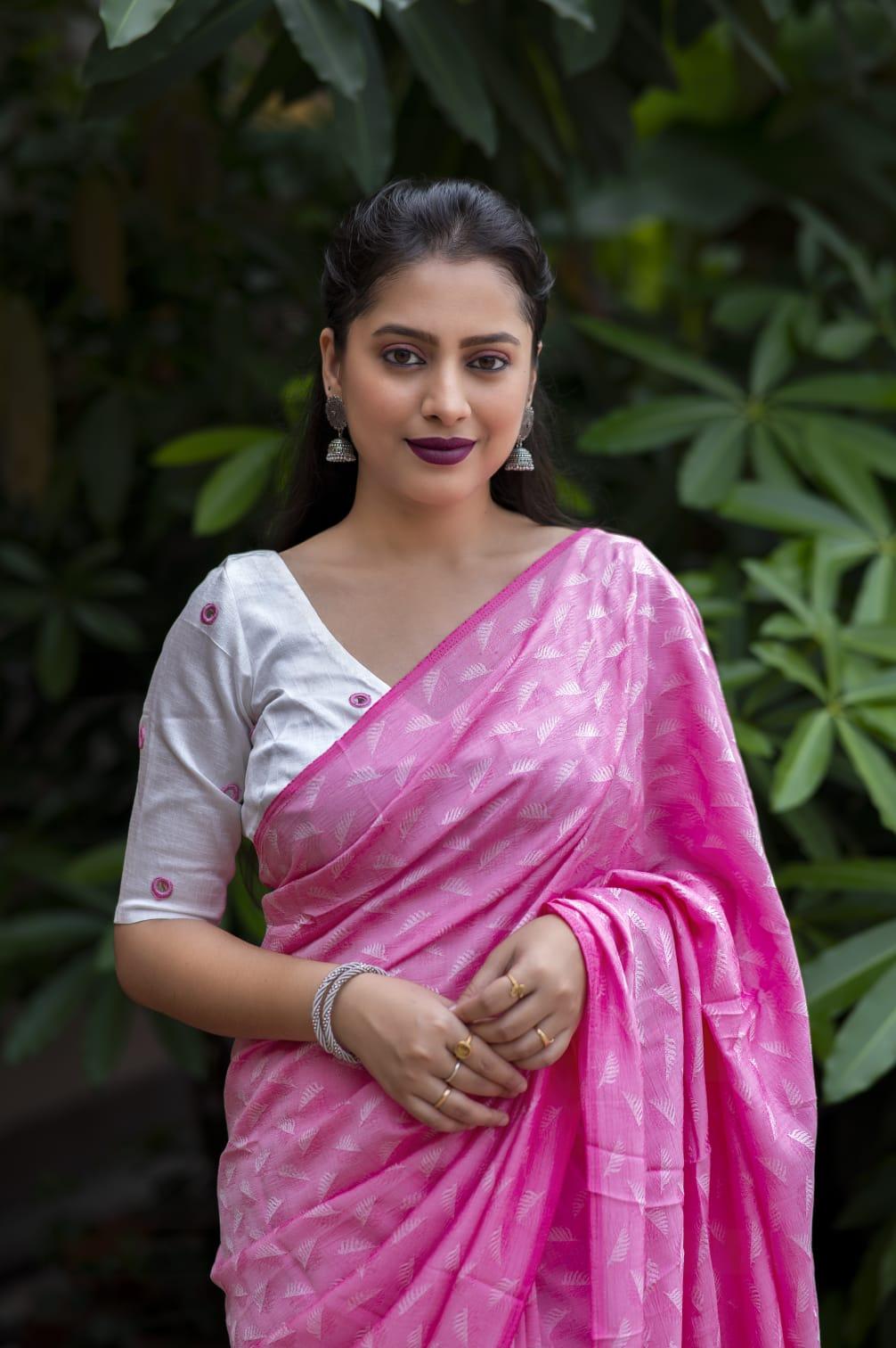 Pink Poly Georgette Woven Design Saree with Unstitched Blouse - Hiral Fashion