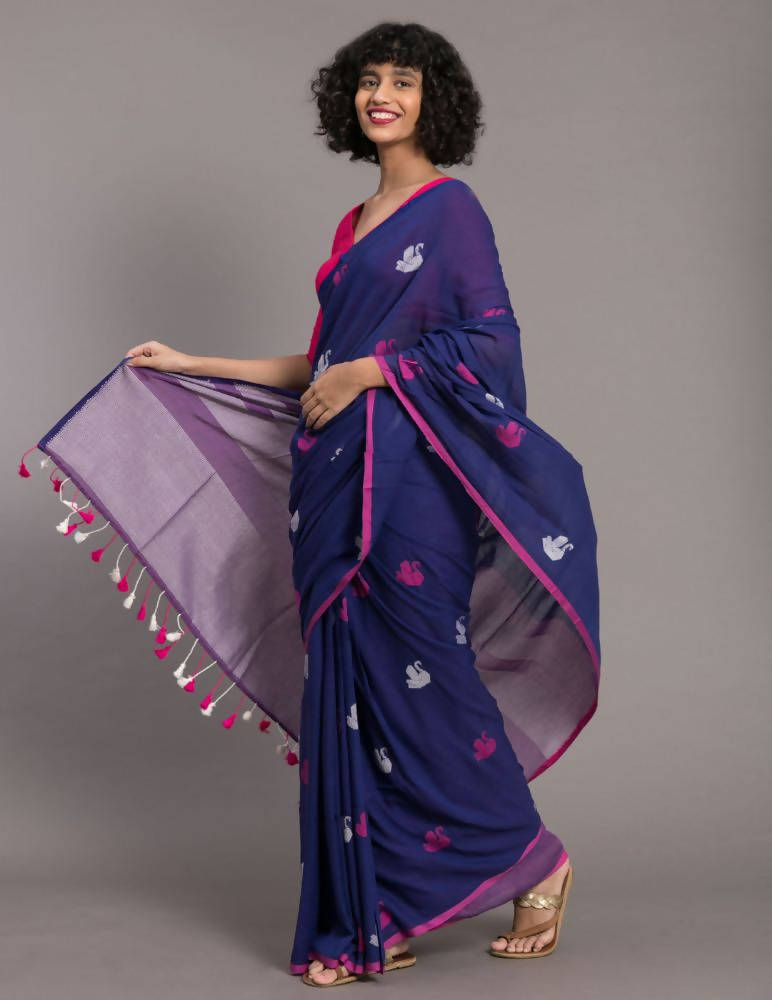 Suta Blue Pink Ethnic Motifs Handloom Cotton Woven Saree