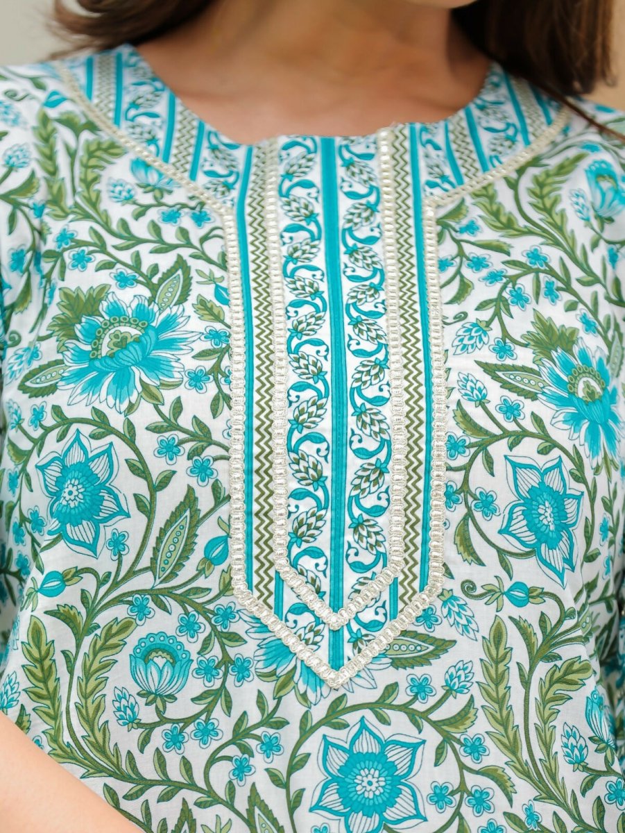 Aramya Straight Soft Cotton Floral Print Women's Kurta Set - Turquoise