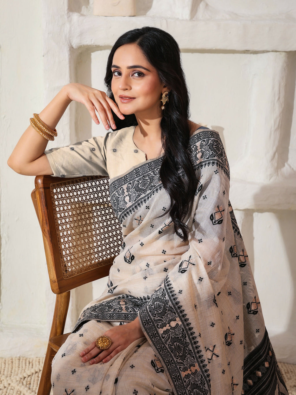 Shree Shyam Fashion Linen Cotton Black & Cream Saree