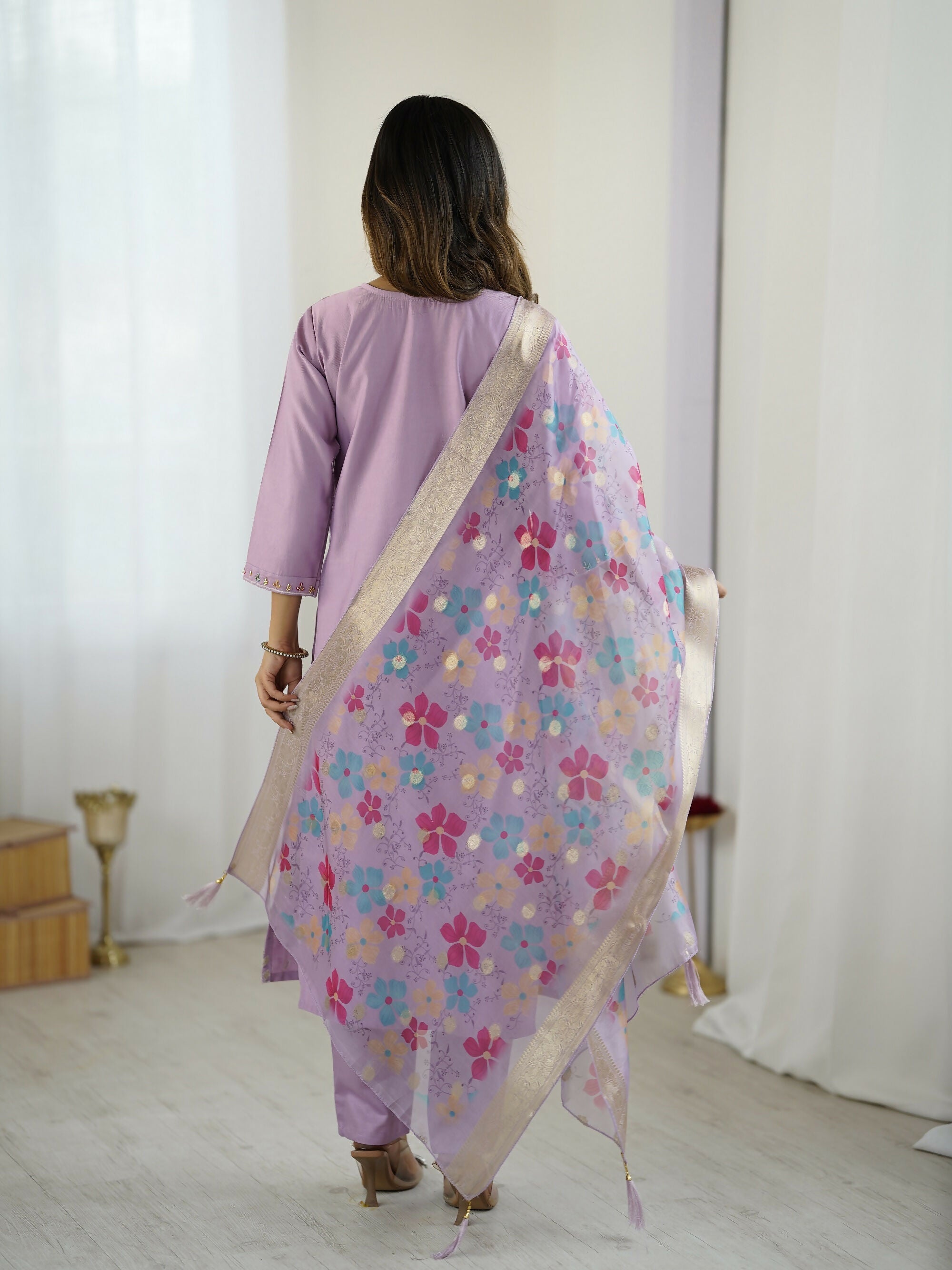 The52 Lavender Women's Gorgeous Embroidered work Viscose Gadhwal Fabric Straight Kurta, Pant and Dupatta Set