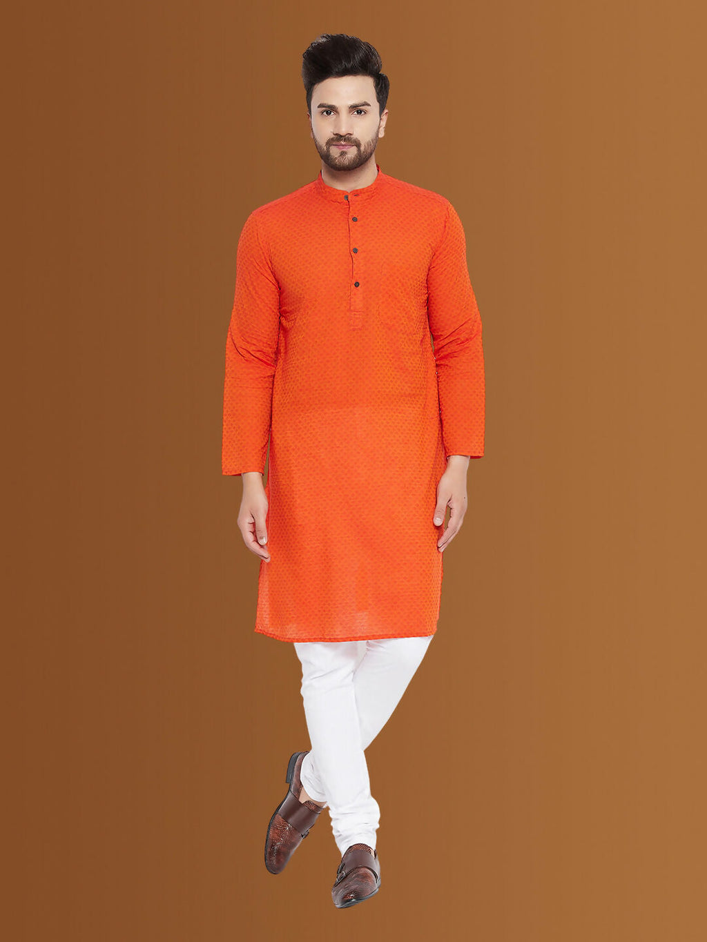Even Apparels Men's Pure Cotton Orange Striped Kurta