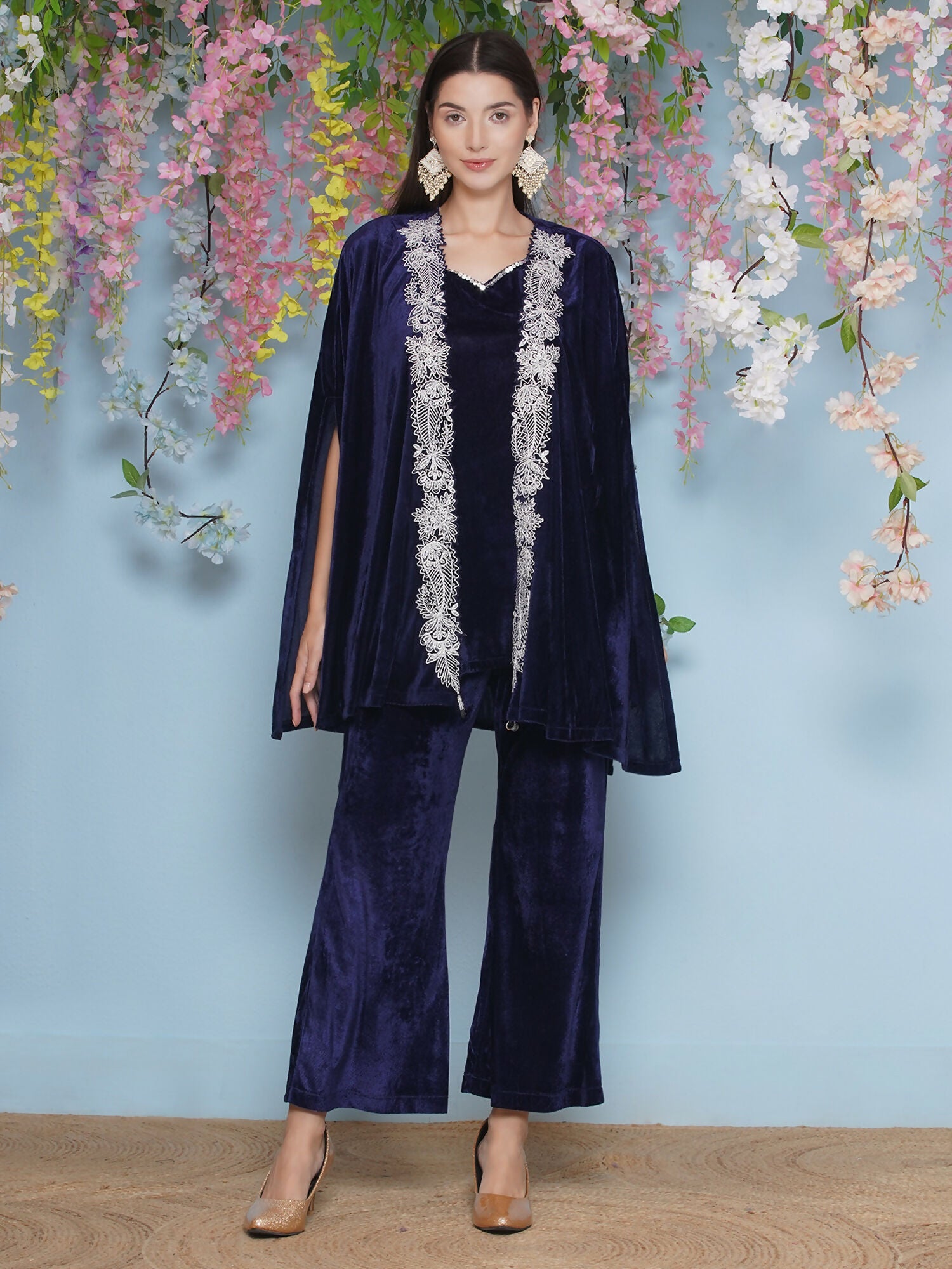 Joban Fashion Navy Blue Velvet Cape Set