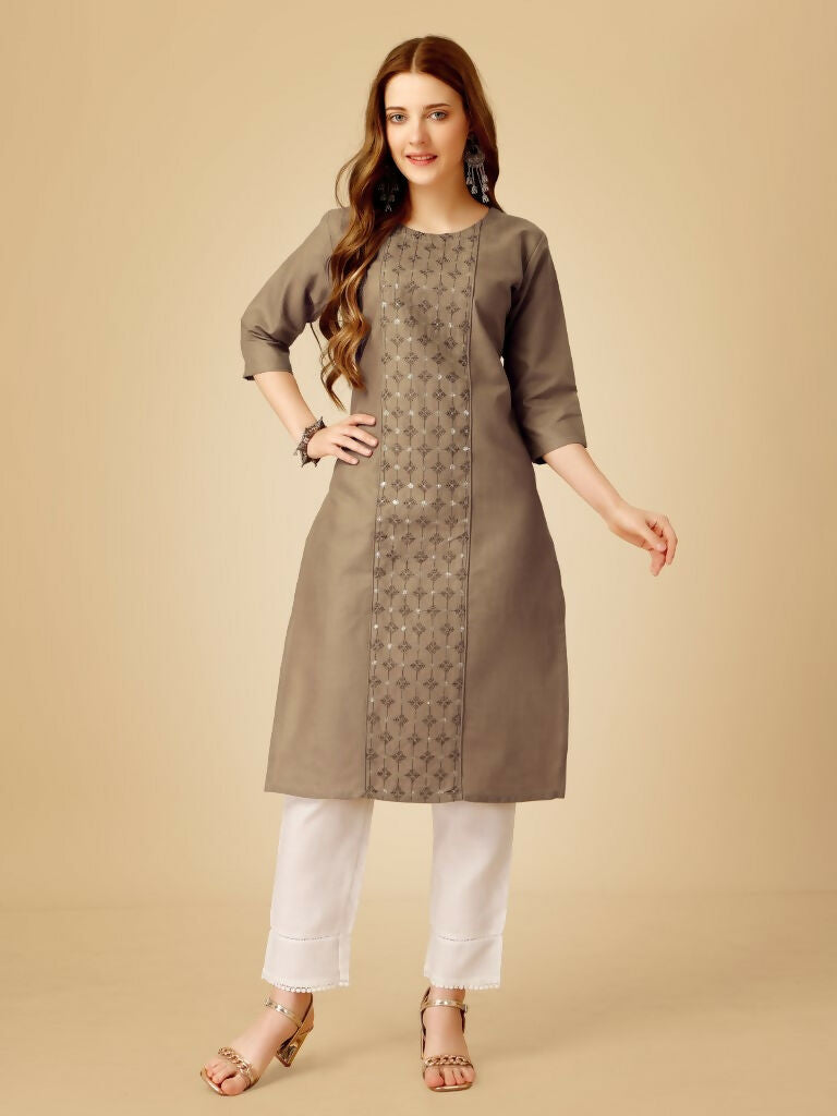 Jyoti Fashion Women's Khaki Cotton Blend Embroidered Kurta Pant Set