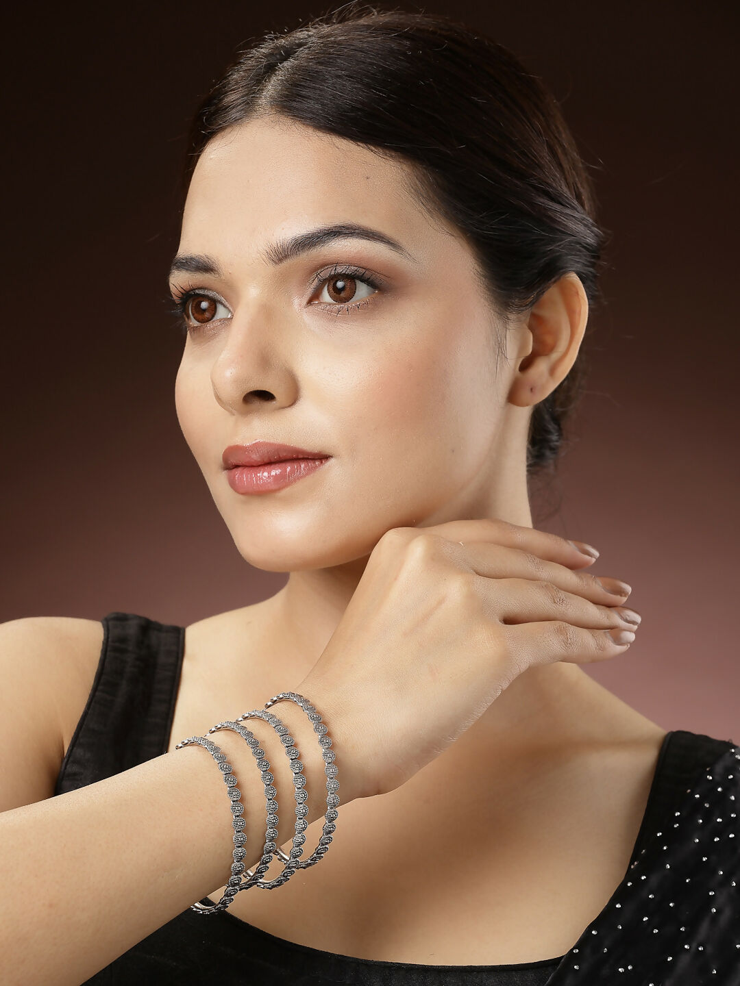 NVR Women's Set of 4 Silver-Toned German Silver Oxidised Bangles