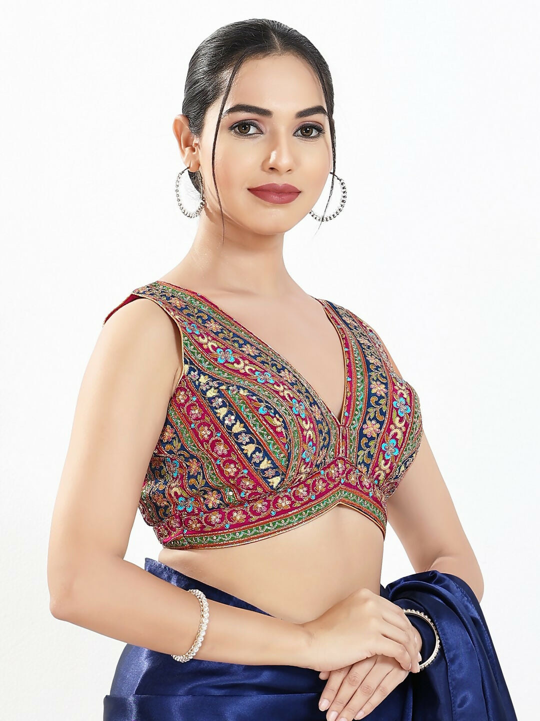 Joban Fashion Magenta Multi Georgette Padded Blouse With V Neck Sleeveless