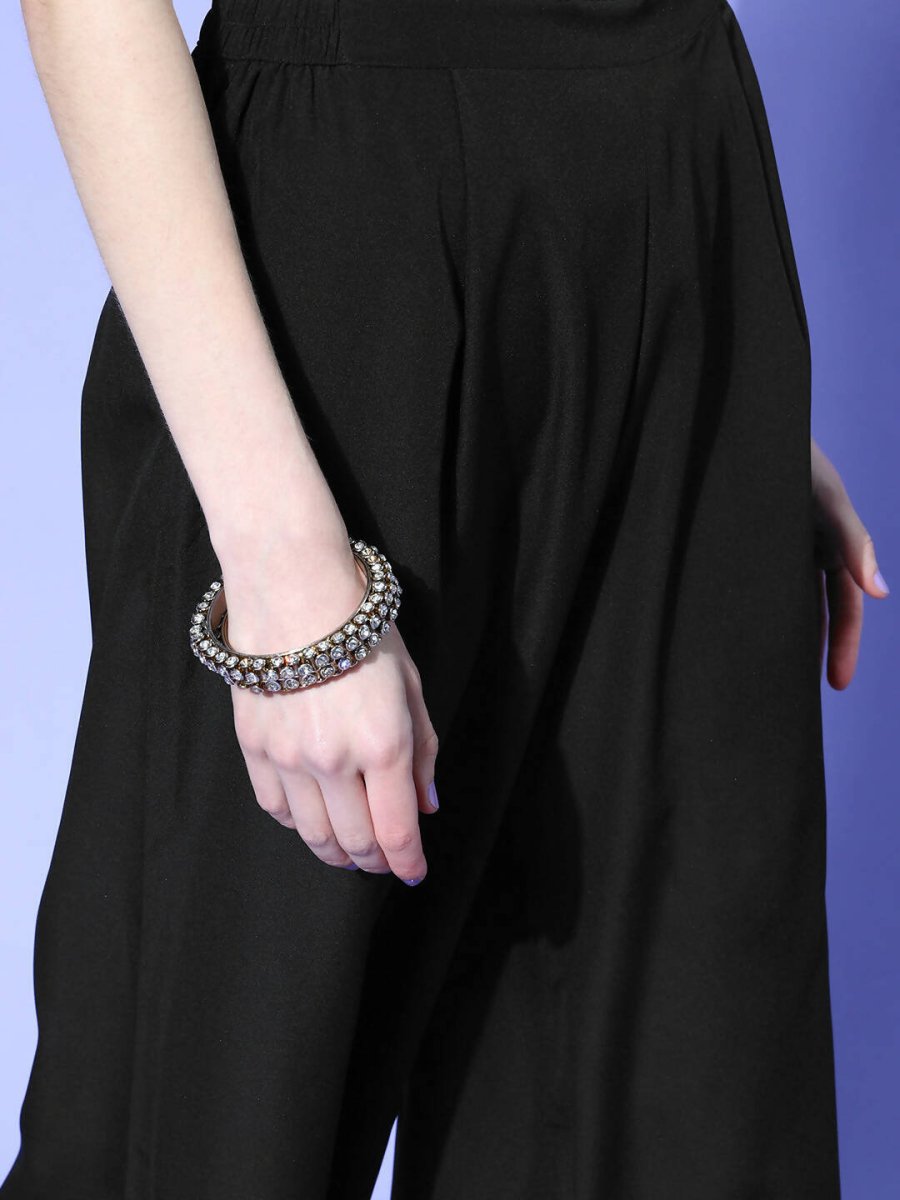 Ahalyaa Women Black Colour Crepe Printed Top Palazzo Set