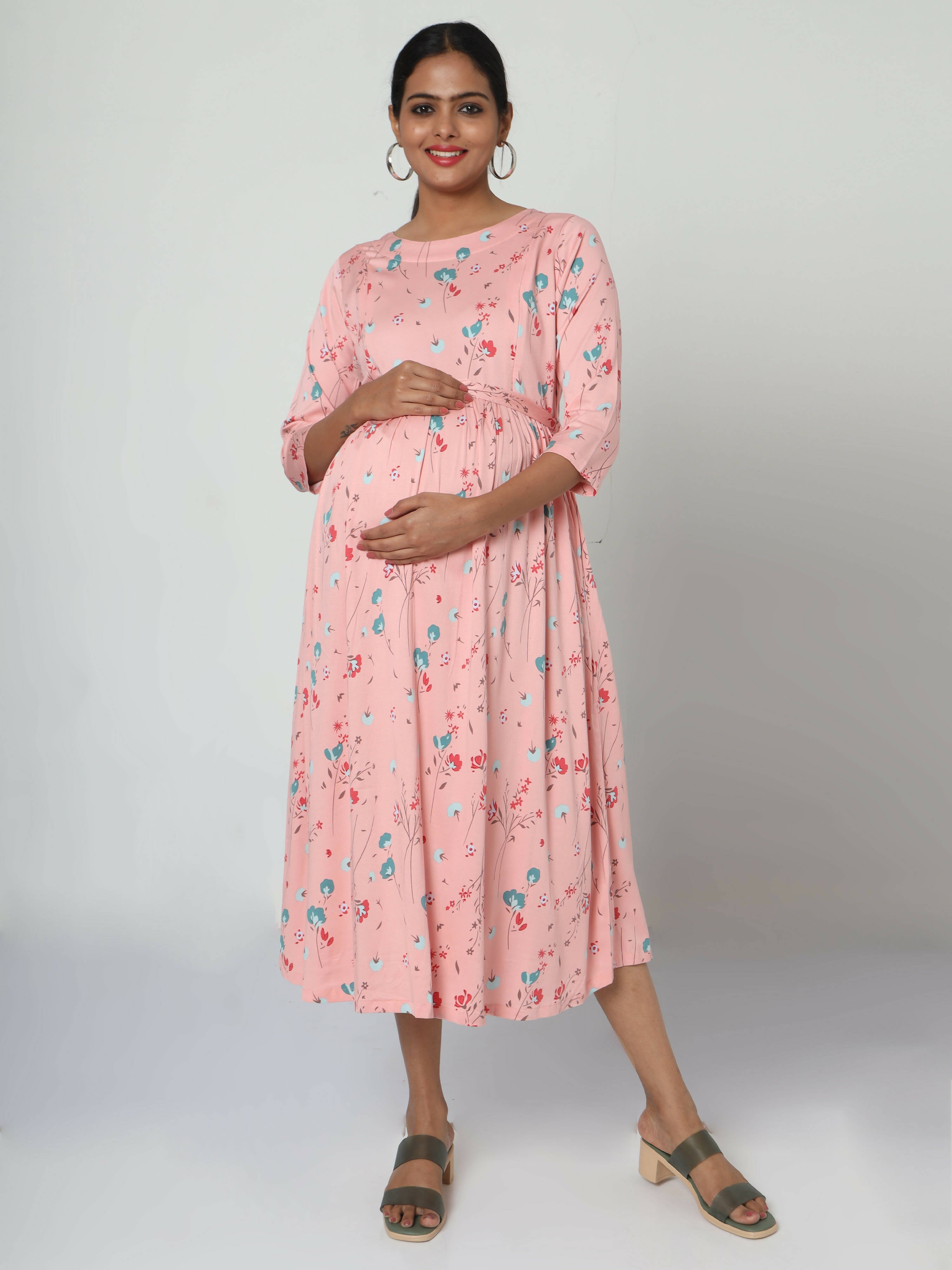 Manet Three Fourth Maternity Dress Floral Print With Concealed Zipper Nursing Access - Peach