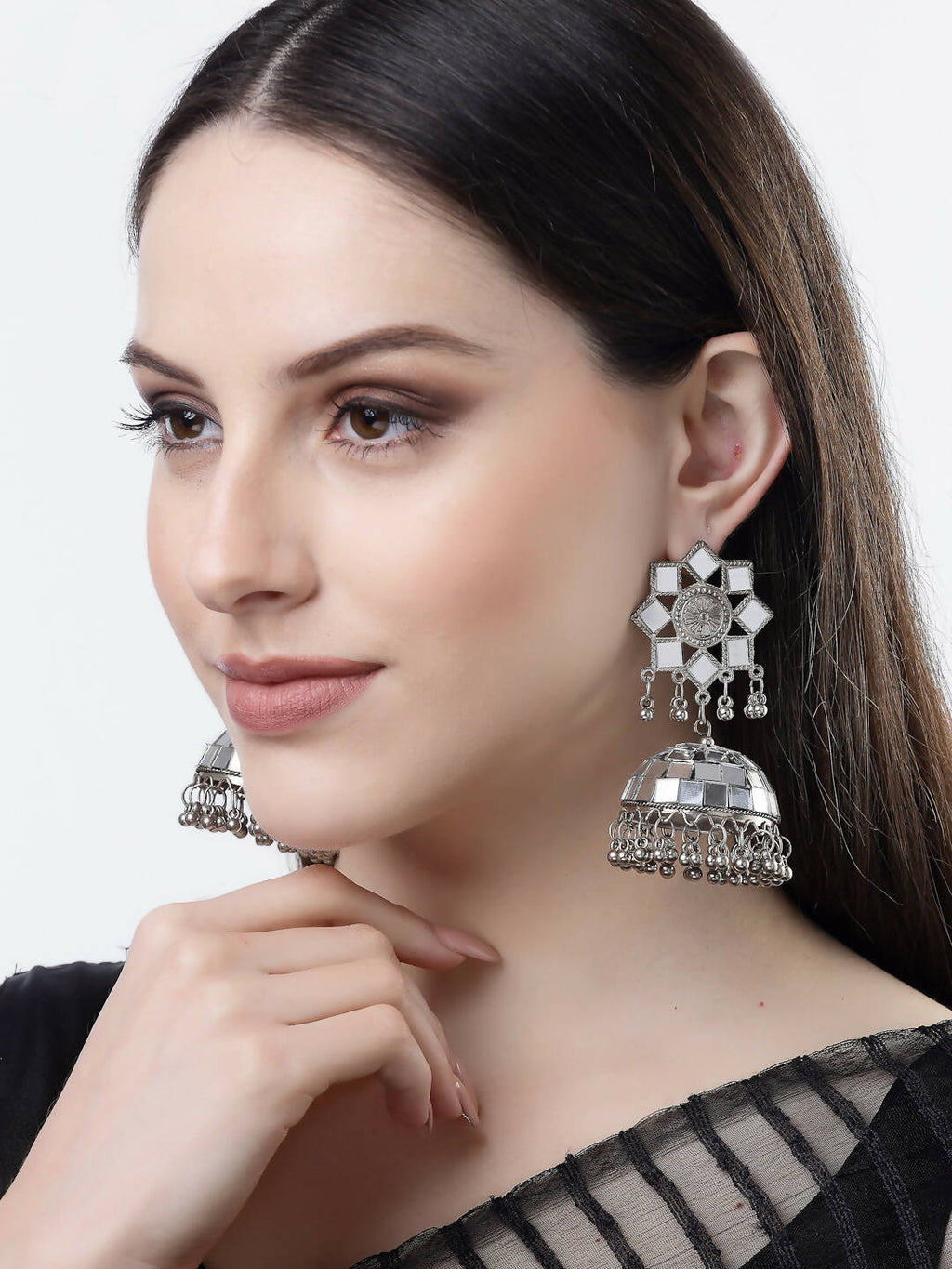 NVR Women Silver Mirror Oxidised Brass-Plated Jhumka Earrings